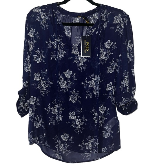 Polo Ralph Lauren Womens Viscose Floral-Print Tie-Neck Blouse Blue SZ. S/P NWT - Picture 2 of 8
